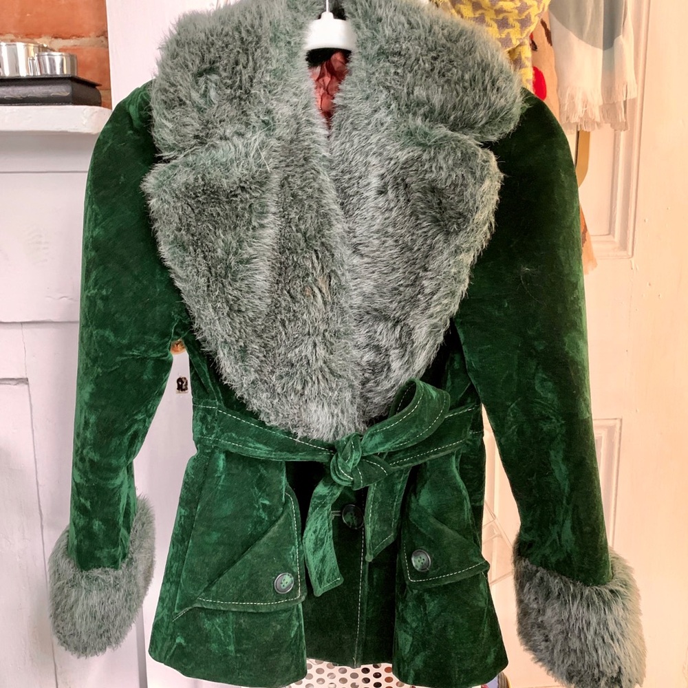 Vintage Green Velvet Jacket; Grey Fur Collar/Cuffs